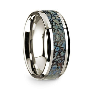 14k White Gold Polished Beveled Edges Wedding Ring with Blue Dinosaur Inlay - 8 mm - Thorsten Rings