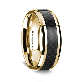 14K Yellow Gold Polished Beveled Edges Wedding Ring with Black Carbon Fiber Inlay - 8 mm - Thorsten Rings