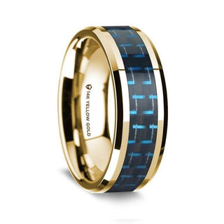 14K Yellow Gold Polished Beveled Edges Wedding Ring with Black and Blue Carbon Fiber Inlay - 8 mm - Thorsten Rings