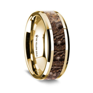 14K Yellow Gold Polished Beveled Edges Wedding Ring with Brown Dinosaur Bone Inlay - 8 mm - Thorsten Rings