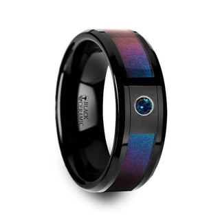 KLEIN Black Ceramic Ring with Blue & Purple Color Changing Inlay and Alexandrite Setting - 8mm - Thorsten Rings