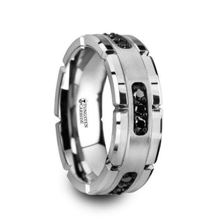 VALOR Grooved Tungsten Ring with Silver Inlay & Black Diamonds - 8mm - Thorsten Rings