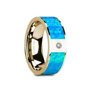 GELASIA Flat 14K Yelloiw Gold with Blue Opal Inlay & White Diamond Setting - 8mm - Thorsten Rings