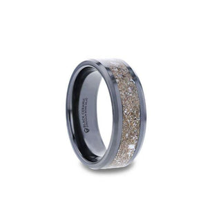 ALLOSAURUS Black Ceramic Flat Beveled Wedding Ring with White Dinosaur Bone Inlay - 8mm - Thorsten Rings