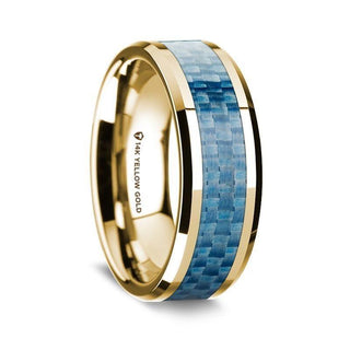 14K Yellow Gold Polished Beveled Edges Wedding Ring with Blue Carbon Fiber Inlay - 8mm - Thorsten Rings