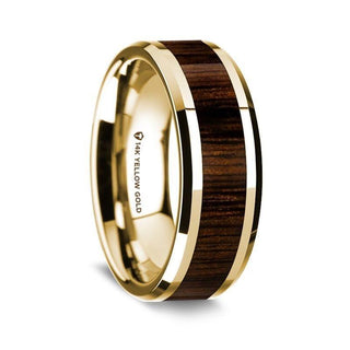 14K Yellow Gold Polished Beveled Edges Wedding Ring with Black Walnut Wood Inlay - 8 mm - Thorsten Rings