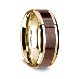 14K Yellow Gold Polished Beveled Edges Wedding Ring with Redwood Inlay - 8 mm - Thorsten Rings
