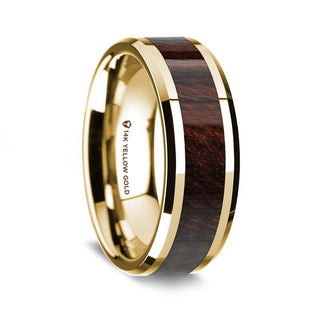 14K Yellow Gold Polished Beveled Edges Wedding Ring with Bubinga Wood Inlay - 8 mm - Thorsten Rings
