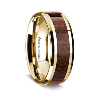 14K Yellow Gold Polished Beveled Edges Wedding Ring with Carpathian Wood Inlay - 8 mm - Thorsten Rings