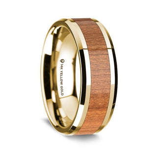 14K Yellow Gold Polished Beveled Edges Wedding Ring with Sapele Wood Inlay - 8 mm - Thorsten Rings