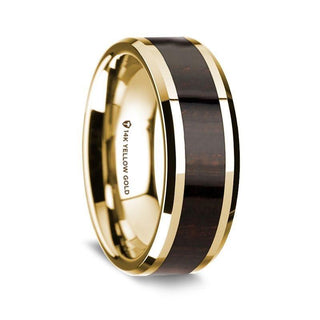 14K Yellow Gold Polished Beveled Edges Wedding Ring with Ebony Wood Inlay - 8 mm - Thorsten Rings