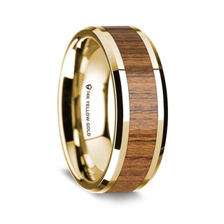 14K Yellow Gold Polished Beveled Edges Wedding Ring with Teakwood Inlay - 8 mm - Thorsten Rings