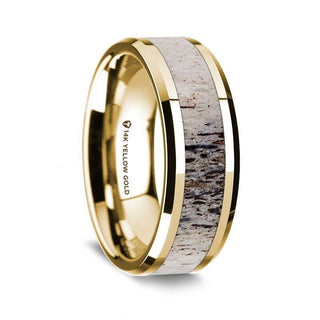 14K Yellow Gold Polished Beveled Edges Wedding Ring with Ombre Deer Antler Inlay - 8 mm - Thorsten Rings