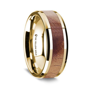 14K Yellow Gold Polished Beveled Edges Men's Wedding Band with Olive Wood Inlay - 8 mm - Thorsten Rings