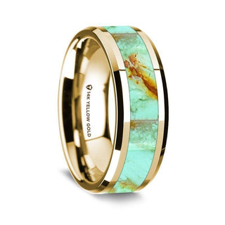 14K Yellow Gold Polished Beveled Edges Wedding Ring with Turquoise Inlay - 8 mm - Thorsten Rings