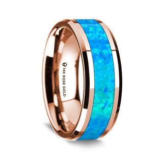 14K Rose Gold Polished Beveled Edges Wedding Ring with Blue Opal Inlay - 8 mm - Thorsten Rings