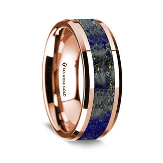 14k Rose Gold Polished Beveled Edges Wedding Ring with Lapis Inlay - 8 mm - Thorsten Rings