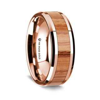 14k Rose Gold Polished Beveled Edges Wedding Ring with Red Oak Wood Inlay - 8 mm - Thorsten Rings
