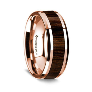 14k Rose Gold Polished Beveled Edges Wedding Ring with Black Walnut Inlay - 8 mm - Thorsten Rings