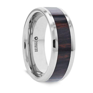 AZTEC Mahogany Inlaid Tungsten Carbide Ring with Polished Beveled Edges – 8mm - Thorsten Rings