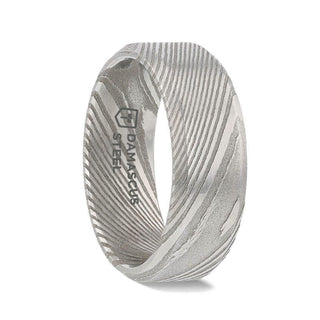 GHOST Grey Damascus Steel Brushed Beveled Men’s Wedding Band with Repeating Artisan Pattern - 6mm & 8mm - Thorsten Rings