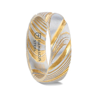 CERSEI Gold Color Domed Brushed Damascus Steel Men’s Wedding Band with Vivid Etched Design - 6mm & 8mm - Thorsten Rings