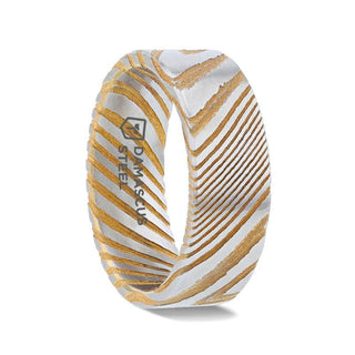 BISHOP Gold Color Flat Brushed Damascus Steel Men’s Wedding Band with Vivid Etched Design - 6mm & 8mm - Thorsten Rings