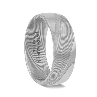 THEON Domed Brushed Damascus Steel Men’s Wedding Band with A Vivid Etched Design - 6mm & 8mm - Thorsten Rings