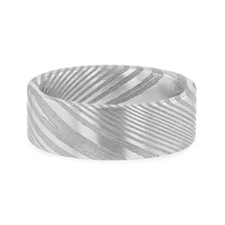 XANDER Grey Flat Brushed Damascus Steel Men’s Wedding Band with Vivid Etched Design - 6mm & 8mm - Thorsten Rings