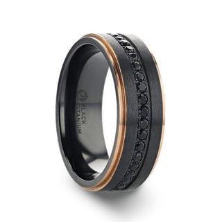 ASTRO Flat Brushed Black Titanium Ring with Rose Gold Plated Edge and Black Sapphire Settings All Around - 8mm - Thorsten Rings