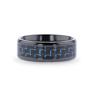 ZAYDEN Black Titanium Ring with Blue & Black Carbon Fiber Inlay and Bevels - 8mm - Thorsten Rings