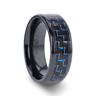 ZAYDEN Black Titanium Ring with Blue & Black Carbon Fiber Inlay and Bevels - 8mm - Thorsten Rings