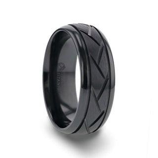 JAX Domed Black Titanium Ring with Brushed Cross Alternating Diagonal Cuts Pattern - 8mm - Thorsten Rings