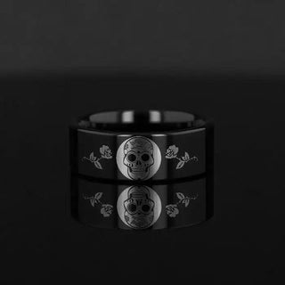 Day of the Dead Skull Engraved Print Flat Polished Black Tungsten Ring (Morpheus) - 4mm - 12mm - Thorsten Rings