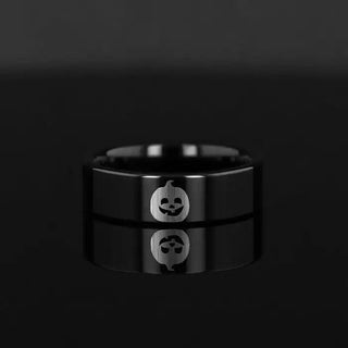Happy Jack-O-Lantern Engraved Flat Polished Black Tungsten Ring (Morpheus) - 4mm - 12mm - Thorsten Rings