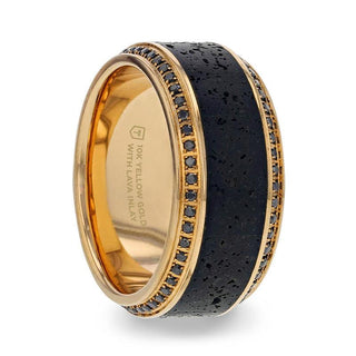 HYPERION Lava Inlaid 10K Yellow Gold Wedding Ring Polished Beveled Edges Set with Round Black Diamonds - 10mm - Thorsten Rings