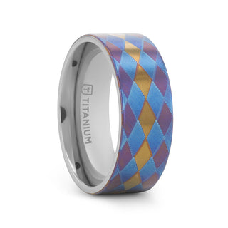 MAJESTIC Flat Titanium Ring with Purple, Blue, and Gold Diamond Pattern - 8mm