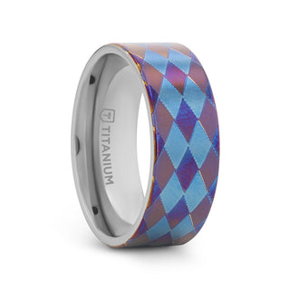 MERIDIAN Flat Titanium Ring with Purple and Blue Diamond Pattern - 8mm