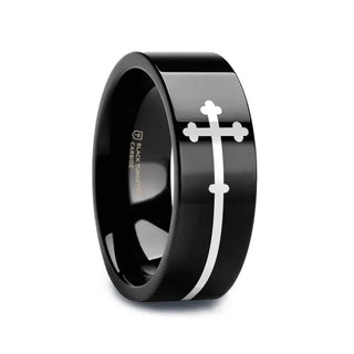 SIDEWAYS CROSS on Black Flat Tungsten Carbide Ring