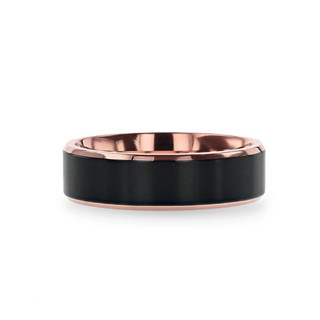 STEPHEN Rose Gold Plated Black Titanium Flat Brushed Center Men's Wedding Ring With Beveled Polished Edges - 6mm & 8mm