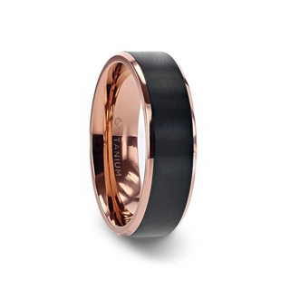 STEPHEN Rose Gold Plated Black Titanium Flat Brushed Center Men's Wedding Ring With Beveled Polished Edges - 6mm & 8mm