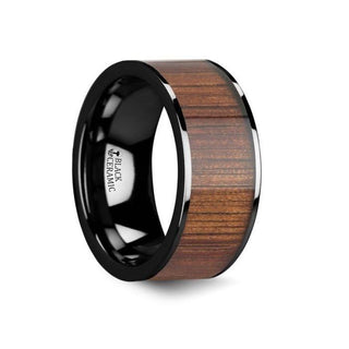 ATREUS Polished Black Ceramic Flat Wedding Band with Koa Wood Inlay - 6mm - 10mm - Thorsten Rings