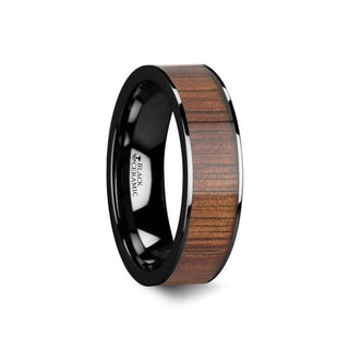 ATREUS Polished Black Ceramic Flat Wedding Band with Koa Wood Inlay - 6mm - 10mm - Thorsten Rings