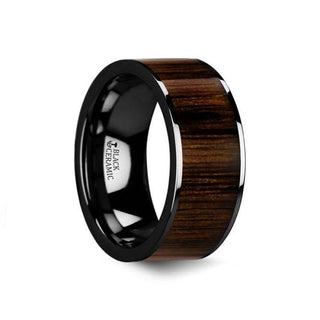 KENDO Black Ceramic Polished Finish Ring with Black Walnut Wood Inlay - 6mm - 10mm - Thorsten Rings