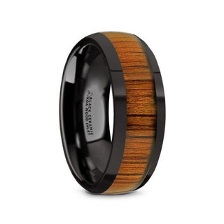 LINDEN Black Ceramic Polished Finish Men’s Domed Wedding Band with Koa Wood Inlay - 8mm - Thorsten Rings