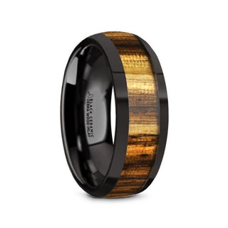 ZERRA Black Ceramic Polished Finish Men’s Domed Wedding Ring with Zebra Wood Inlay - 8mm - Thorsten Rings