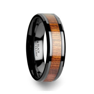 ACACIA Koa Wood Inlaid Black Ceramic Ring with Bevels - 4mm - 12mm - Thorsten Rings