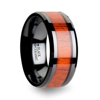 BOSULU Black Ceramic Ring with Polished Bevels and Padauk Real Wood Inlay - 6mm - 10mm - Thorsten Rings