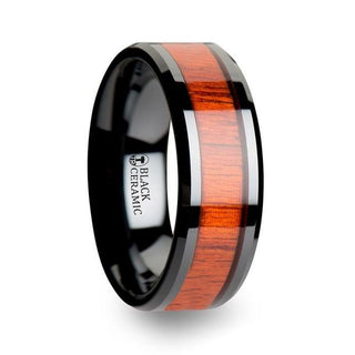 BOSULU Black Ceramic Ring with Polished Bevels and Padauk Real Wood Inlay - 6mm - 10mm - Thorsten Rings