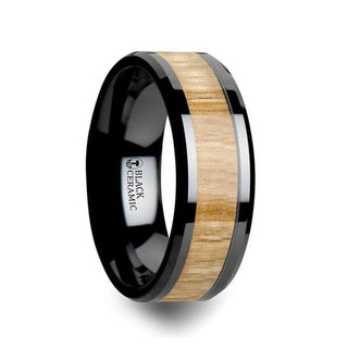 BILTMORE Black Ceramic Ring with Polished Bevels and Ash Wood Inlay - 6mm - 10mm - Thorsten Rings
